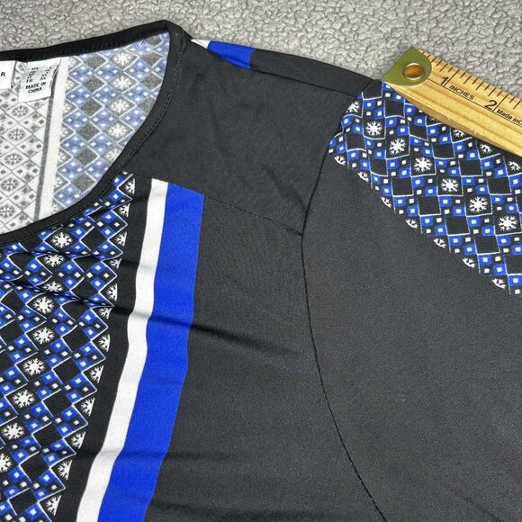Susan Graver Shirt Womens Large Black Blue Liquid Knit Geometric Print Stretch - Picture 8 of 11